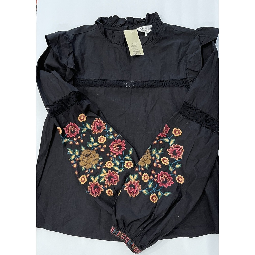 NWT Miss Selfridge Black Cotton Blouse US Size 2 Embroidered Sleeves Ruffled